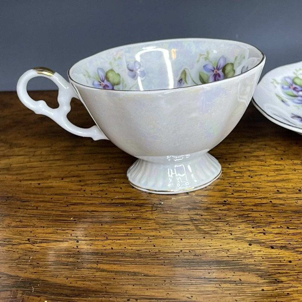 Vintage Del Mar Japan Painted Pedestal Teacup Saucer Violets Lusterware 24k‎